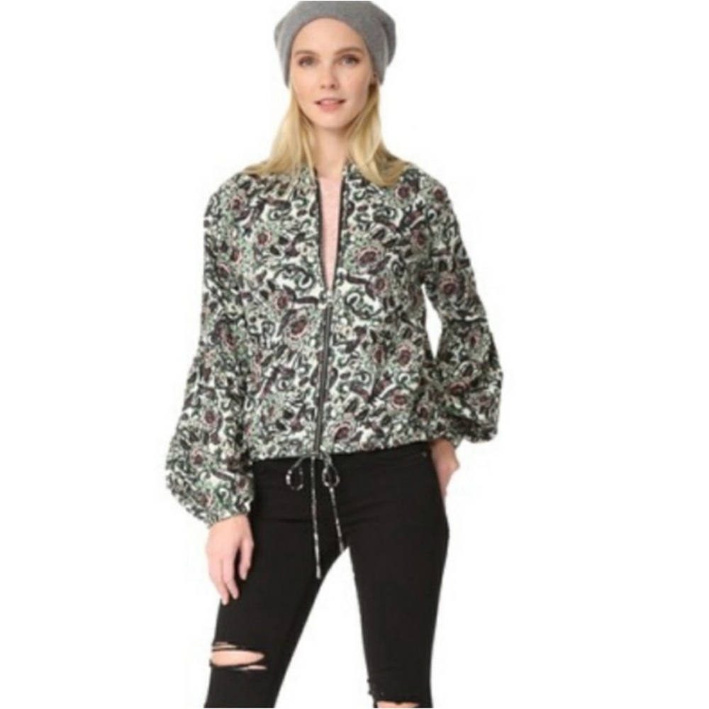 Free People Mint Floral Zip Bomber Jacket